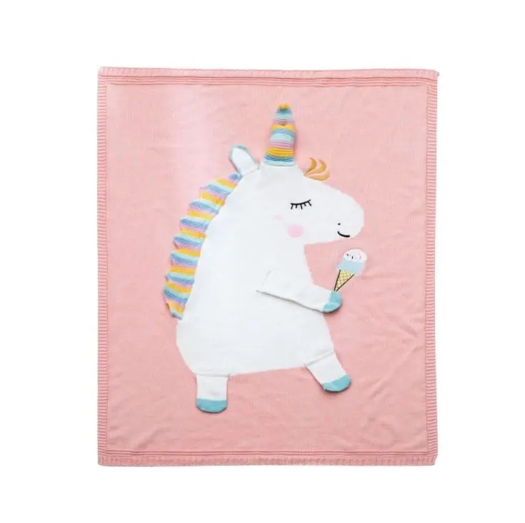 Kids Children Cotton Knitted Blanket Unicorn Design Pram Blanket Throw Pink