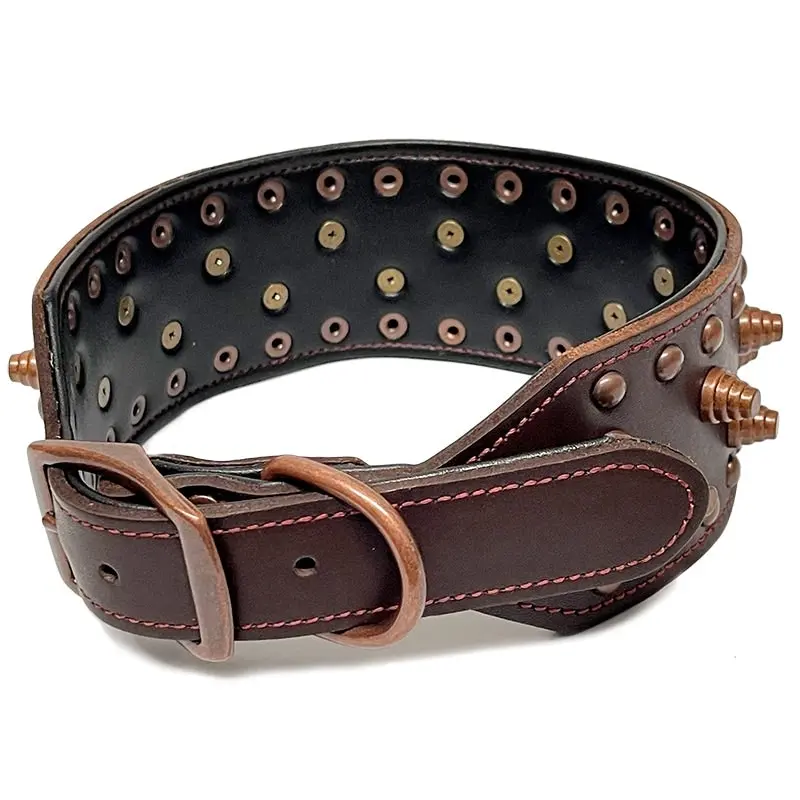 Real Leather Pet Dog Collar Non-sharp Spikes Retro Style Collar M L