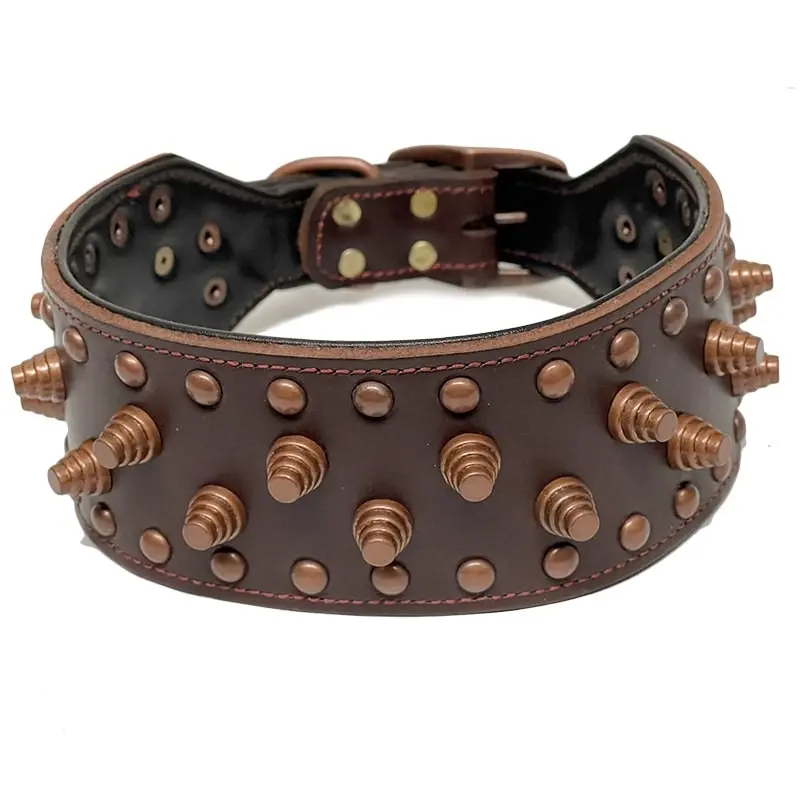 Real Leather Pet Dog Collar Non-sharp Spikes Retro Style Collar M L