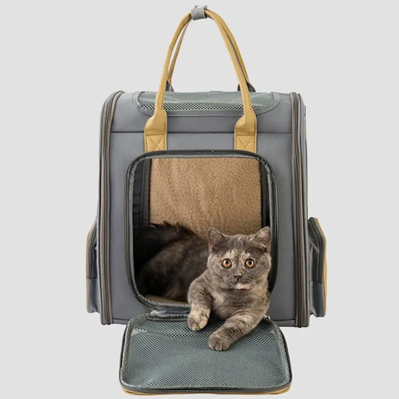 Pet Cat Dog Outdoor Dual Shoulder Backpack Carrier with Large Capacity Khaki