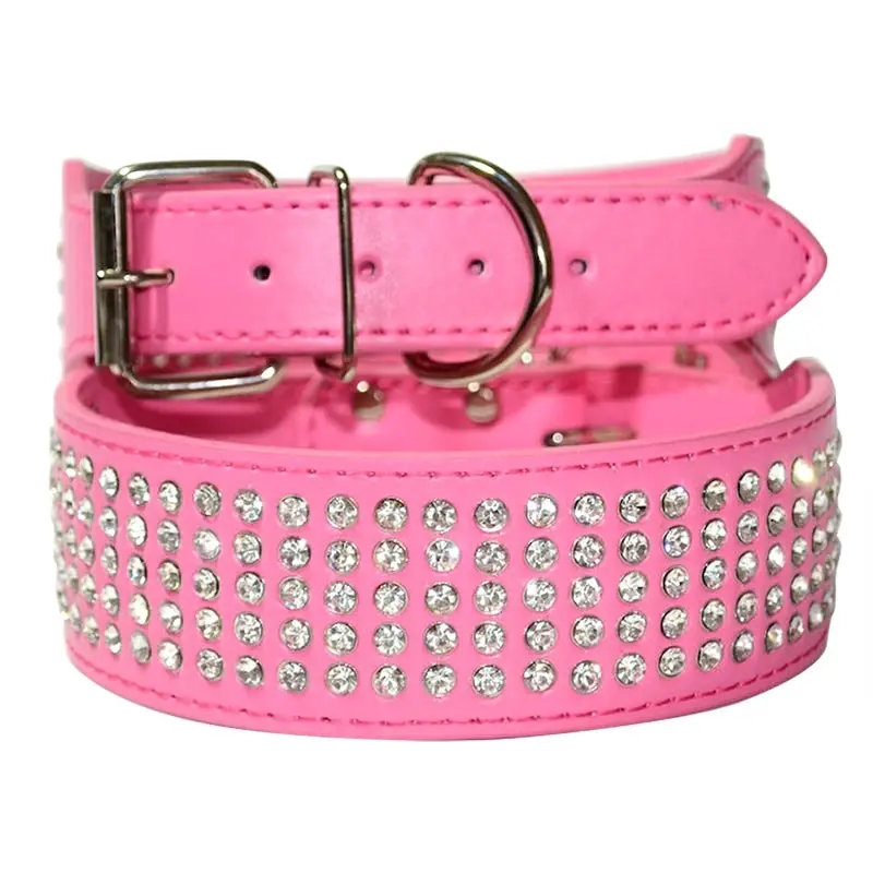 Dog Leather Collar Five Row BlingBling Rhinestones Diamante Collar HotPink S M L