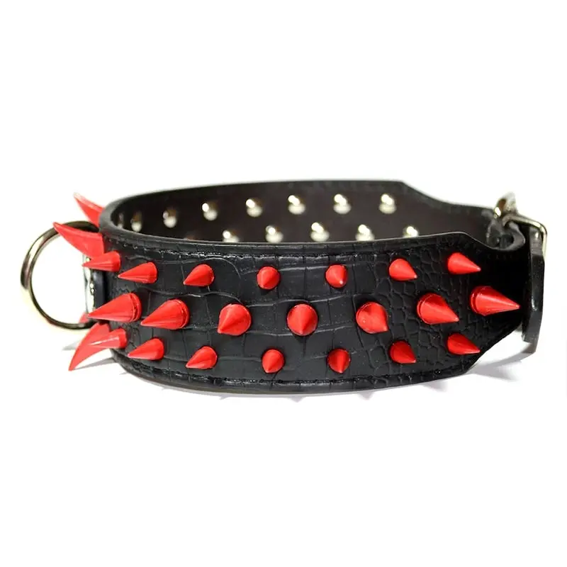 Pet Dog Leather Collar Red Painted Spikes Adjustable Size Dog Collar Black M L