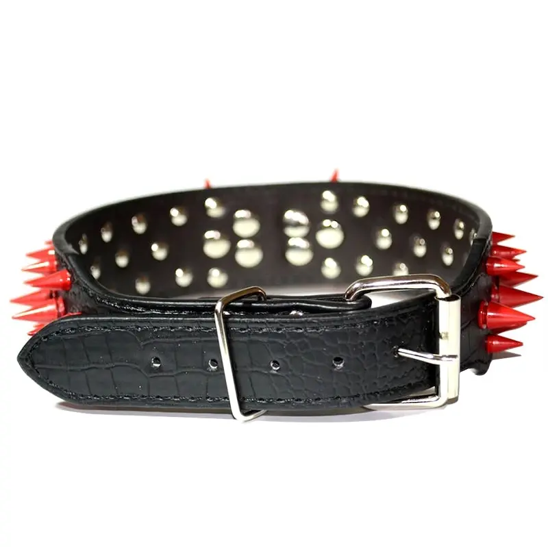 Pet Dog Leather Collar Red Painted Spikes Adjustable Size Dog Collar Black M L