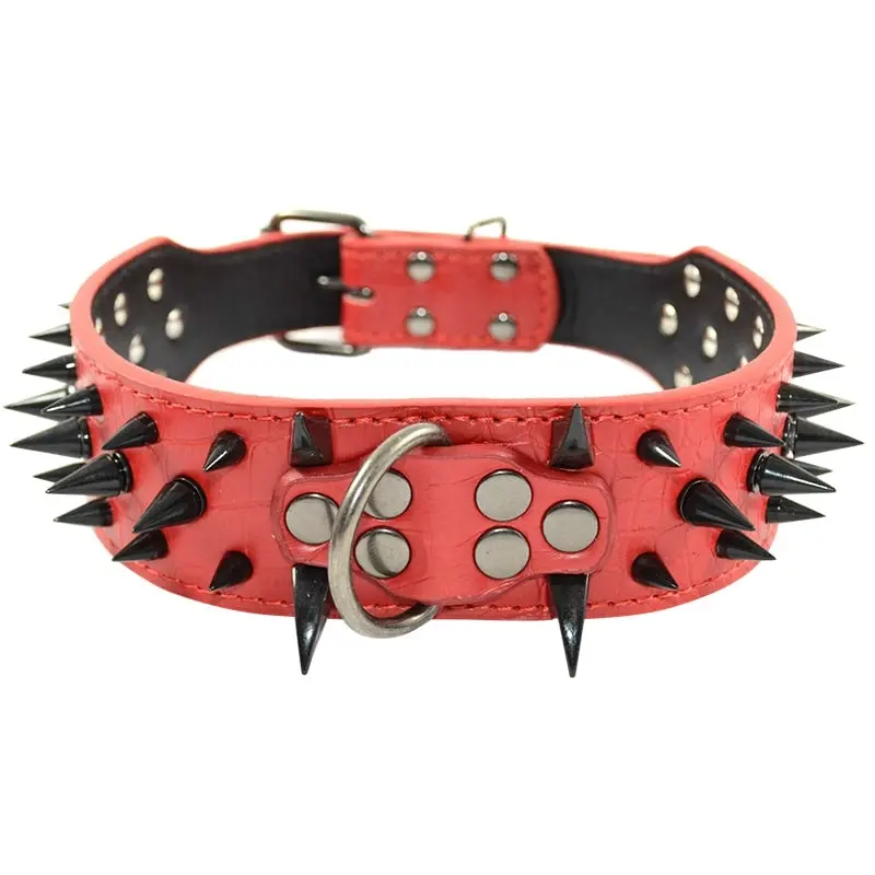 Pet Dog Leather Collar Black Spikes & Red Leather Adjustable Dog Collar M L