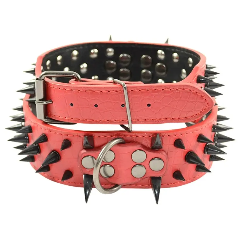 Pet Dog Leather Collar Black Spikes & Red Leather Adjustable Dog Collar M L