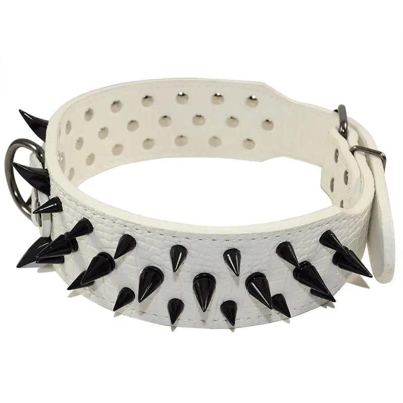 Pet Dog Leather Collar Black Spikes Adjustable Studded Dog Collar White M L