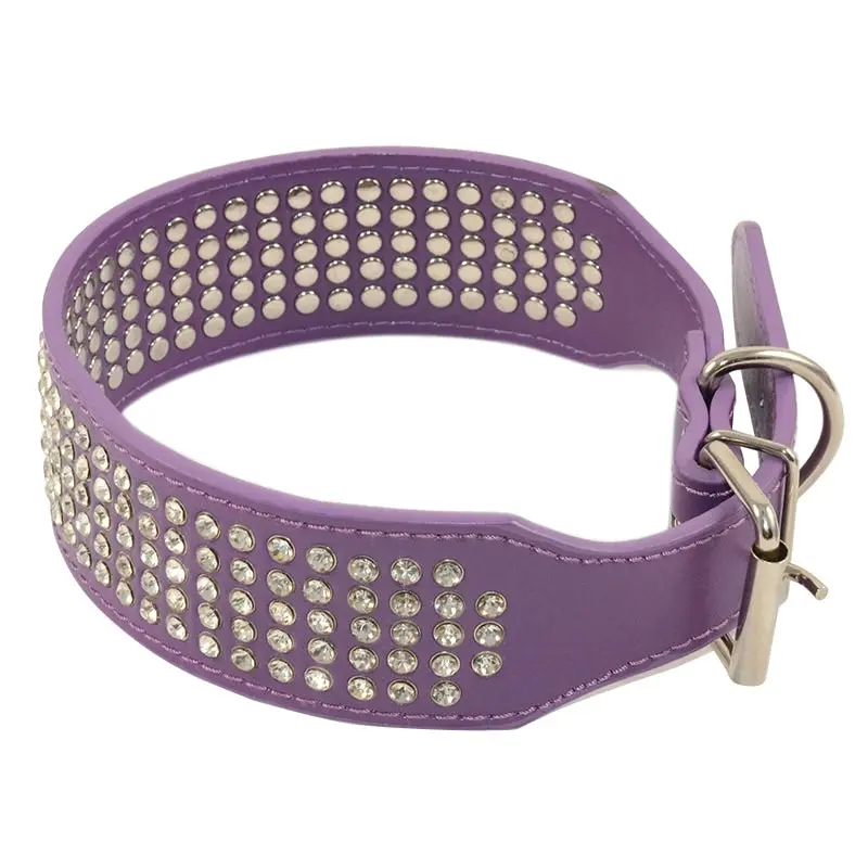 Dog Leather Collar Five Row BlingBling Rhinestones Diamante Collar Purple