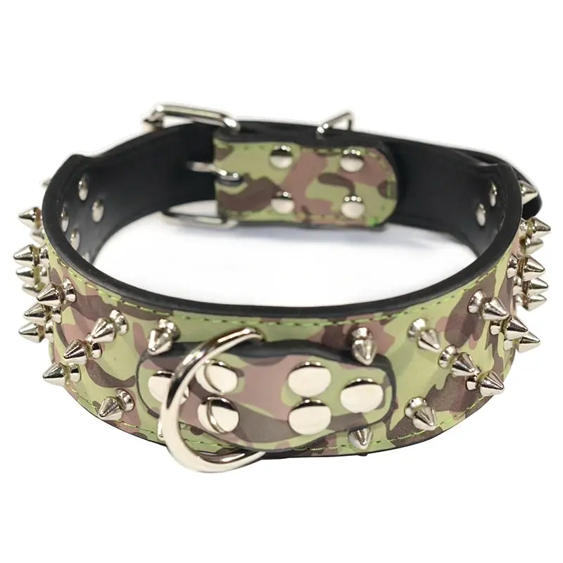 Pet Dog Leather Collar Spiked & Studded Adjustable Dog Collar Camo M L