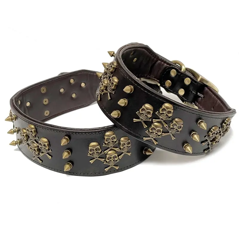 Real Leather Pet Dog Collar Retro Style Skull Charm Studded Collar L XL