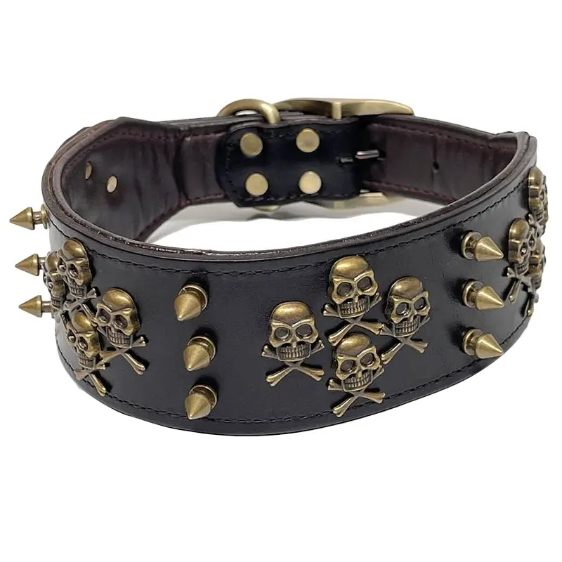 Real Leather Pet Dog Collar Retro Style Skull Charm Studded Collar L XL