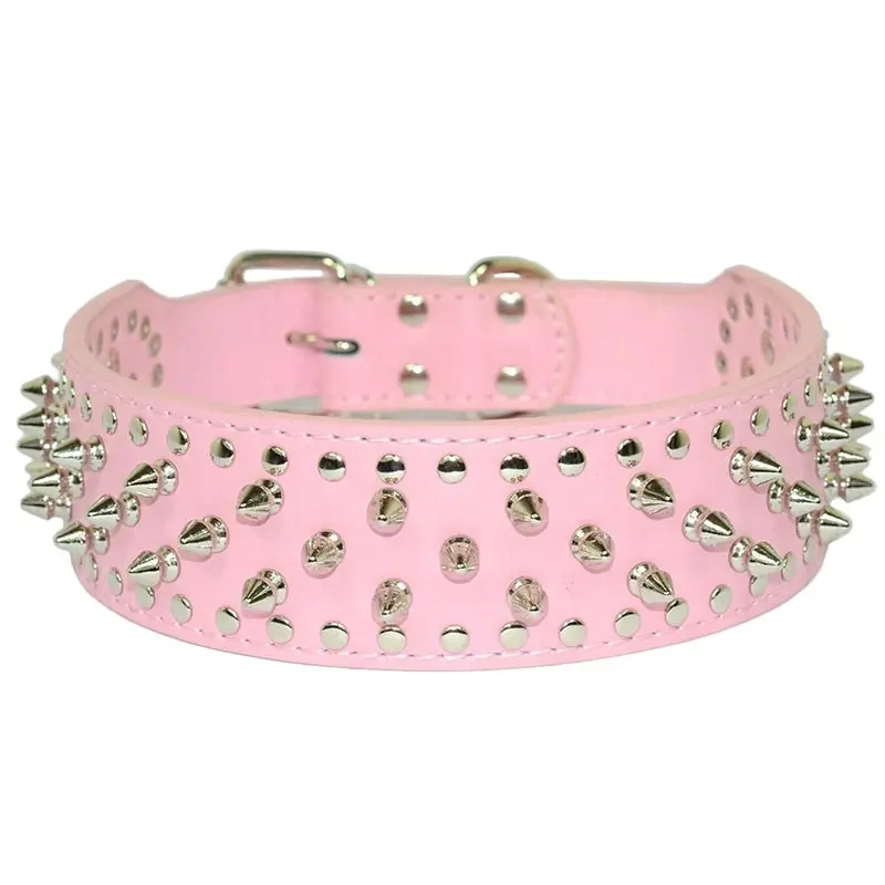 Dog Leather Collar Nickel Plated Spiked&Studded Adjustable Dog Collar Pink L