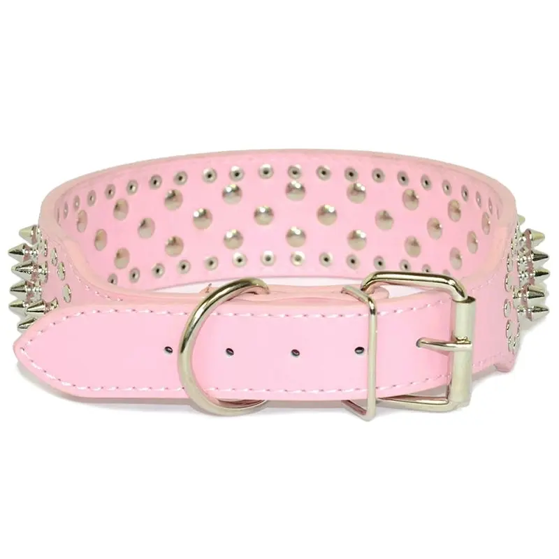 Dog Leather Collar Nickel Plated Spiked&Studded Adjustable Dog Collar Pink L