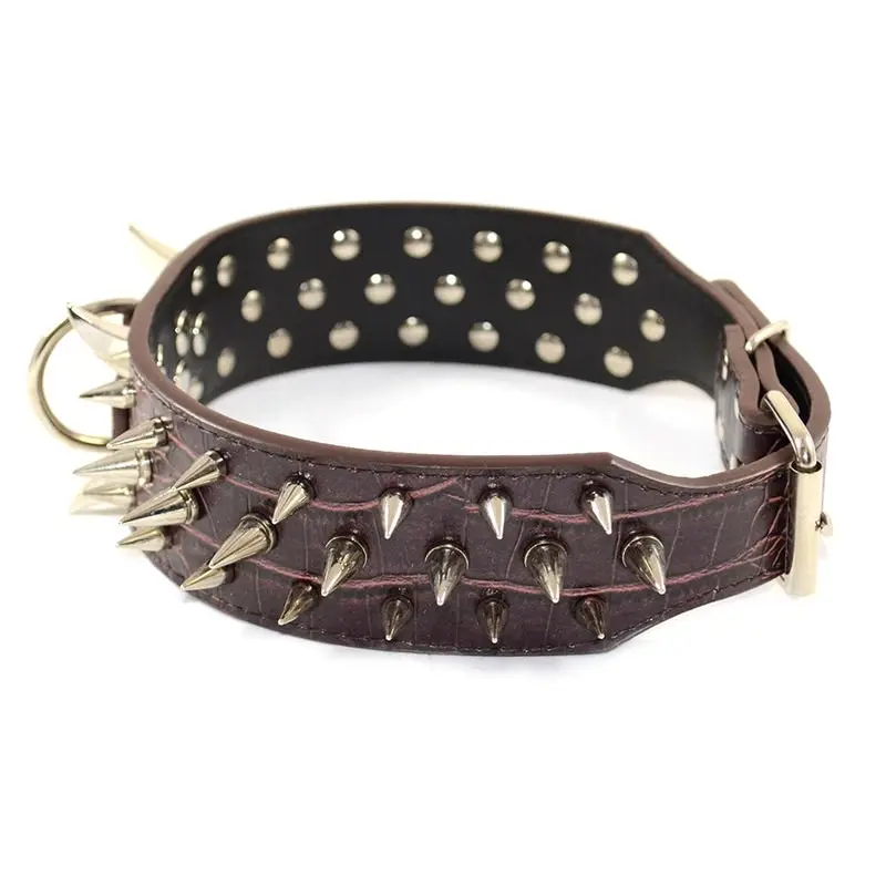 Large Breed Dog Leather Collar Nickel Plated Spikes Adjustable Chocolate Colour