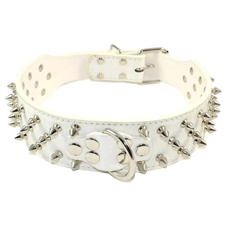 Pet Dog Leather Collar Safe Spiked & Studded Adjustable Dog Collar White M L