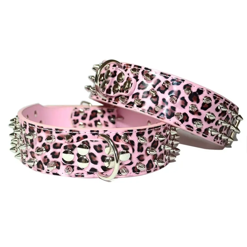 Dog Leather Collar Nonsharp Spikes Adjustable Studded Dog Collar Leopard M L