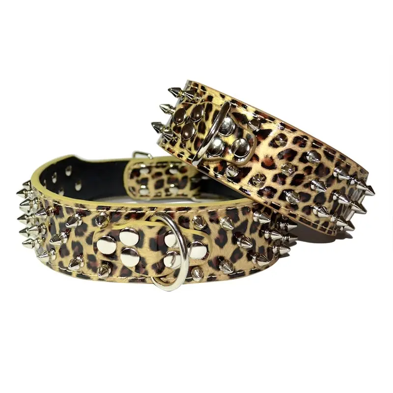 Dog Leather Collar Nonsharp Spikes Adjustable Studded Dog Collar Leopard M L