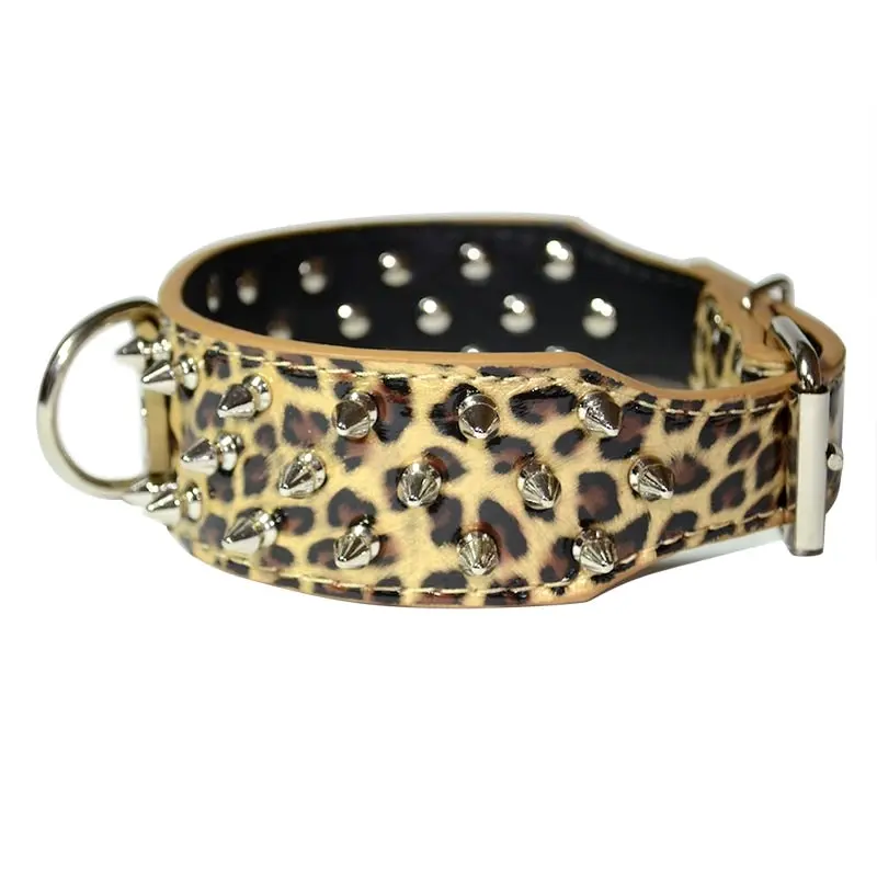 Dog Leather Collar Nonsharp Spikes Adjustable Studded Dog Collar Leopard M L