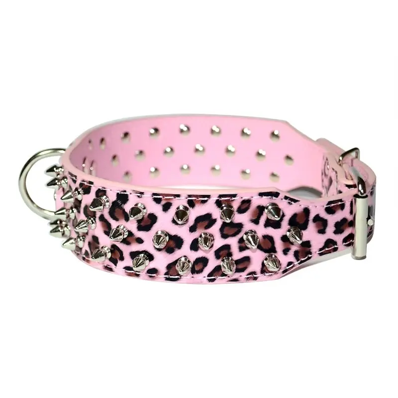 Dog Leather Collar Nonsharp Spikes Adjustable Studded Dog Collar Leopard M L