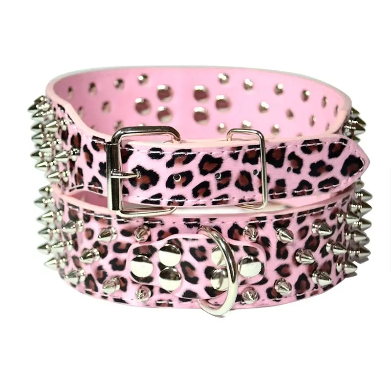 Dog Leather Collar Nonsharp Spikes Adjustable Studded Dog Collar Leopard M L