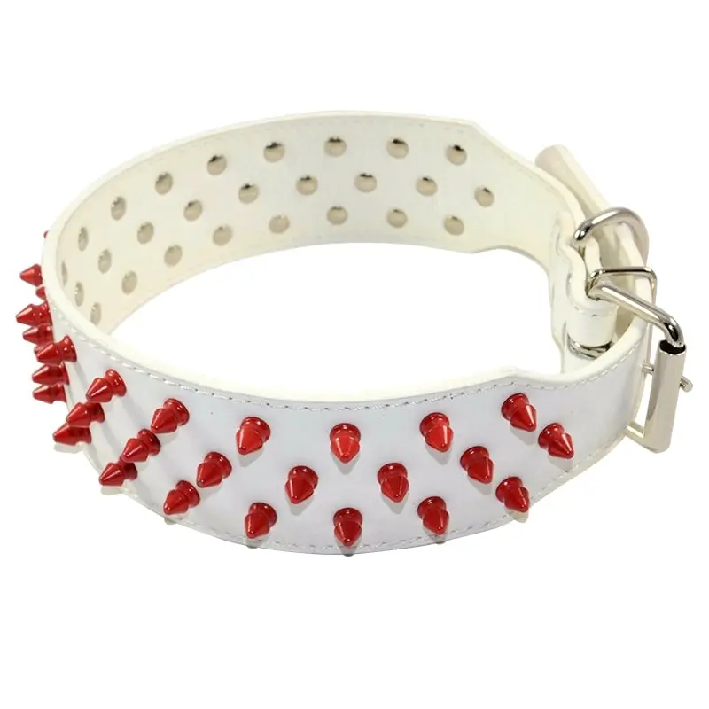 Pet Dog Leather Collar Red Cap Spikes Studded Adjustable Dog Collar White