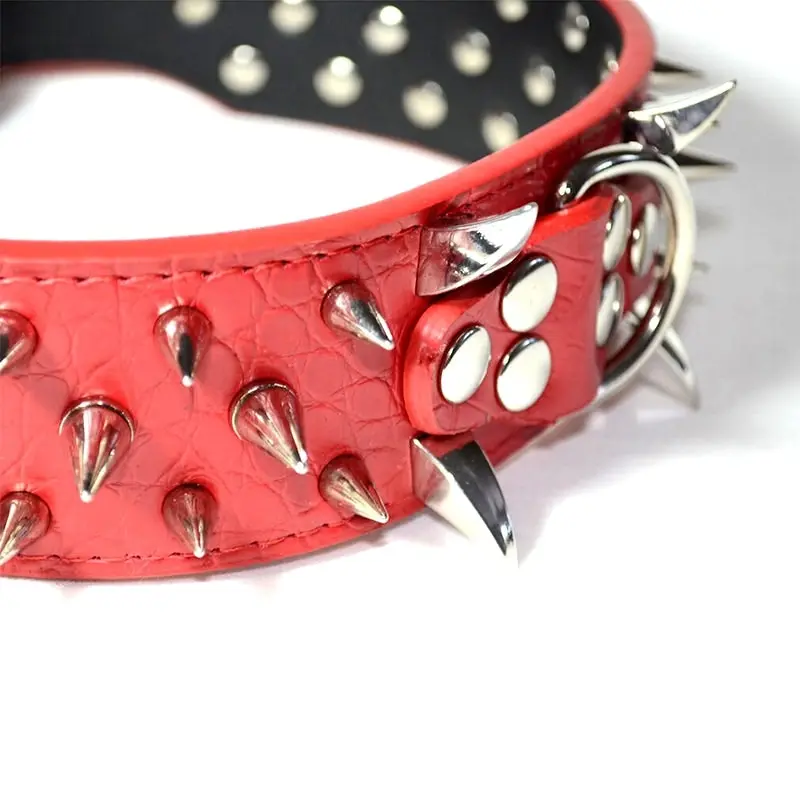 Large Breed Dog Leather Collar Nickel Plated Spikes Adjustable Collar Red