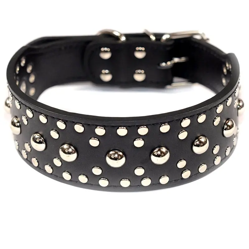 Large Breed Pet Dog Leather Collar w Safe Mushroom Shape Studs Black M L