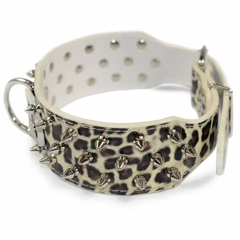 Pet Dog Leather Collar Nickel Plated Non-sharp Spikes Adjustable Leopard M