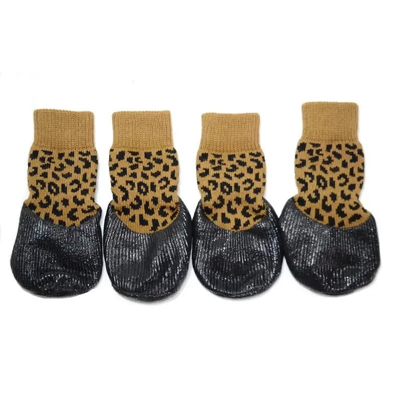 Pet Dog WaterProof Rain Shoes Boots Socks Non-slip Rubber Socks Yellow Leopard