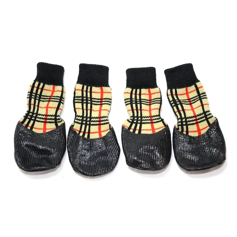 Pet Dog WaterProof Rain Shoes Boots Socks Non-slip Rubber Socks Yellow plaid