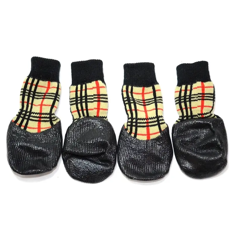 Pet Dog WaterProof Rain Shoes Boots Socks Non-slip Rubber Socks Yellow plaid