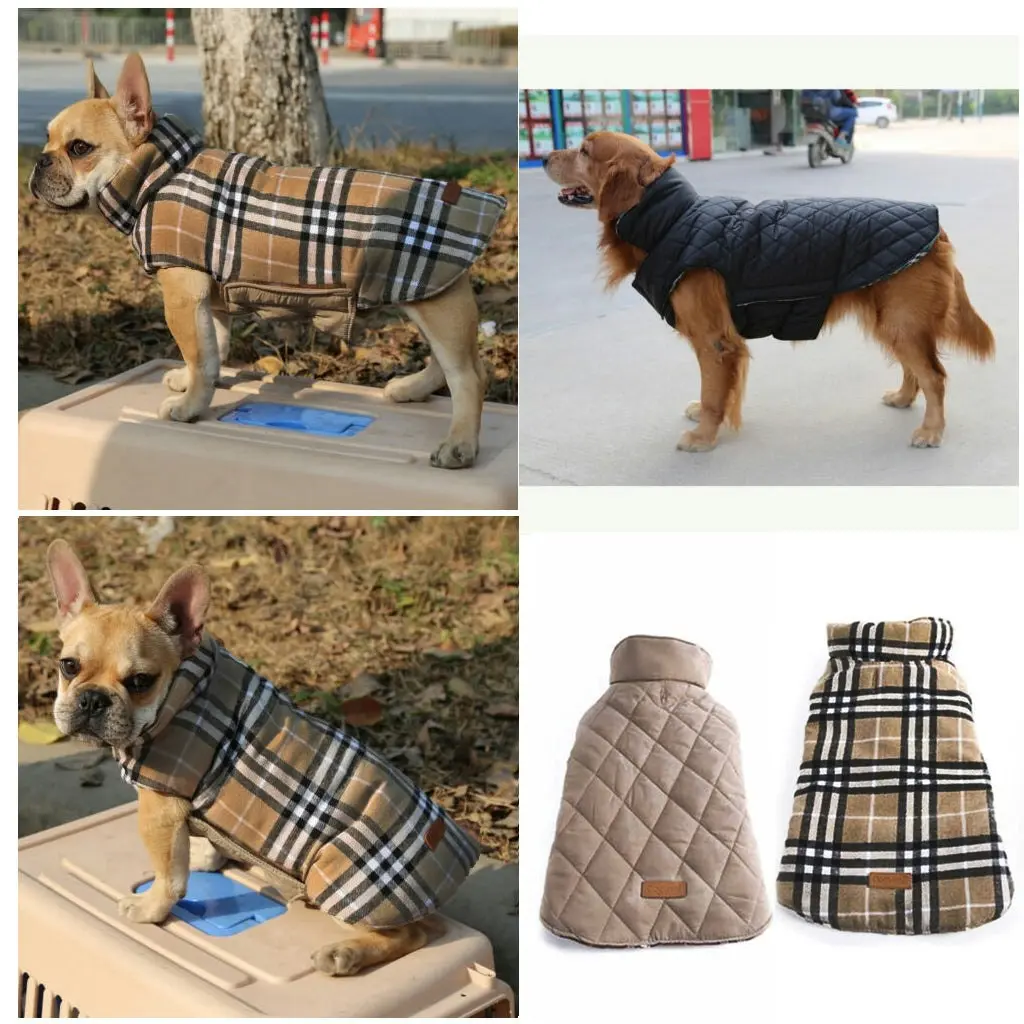 Pet Dog Warm Vest Coat Jacket Reflective Fleece Beige Plaid