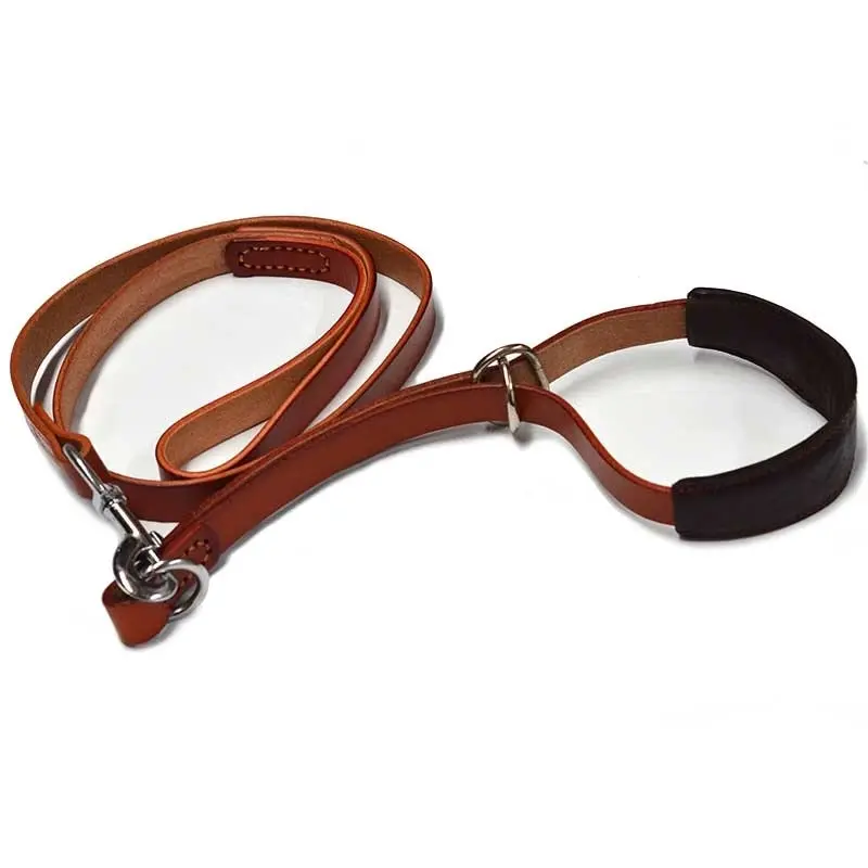 Top Quality Real Leather Adjustable Dog Collar & Leash set Brown