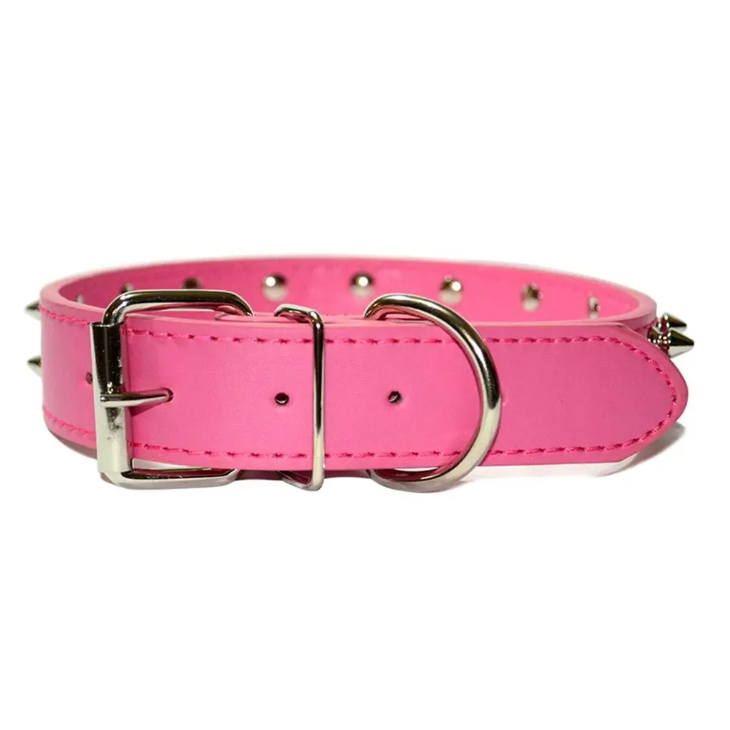 Pet Dog Leather Collar TwoRow Non-sharp Spikes Adjustable Dog Collar Hotpink