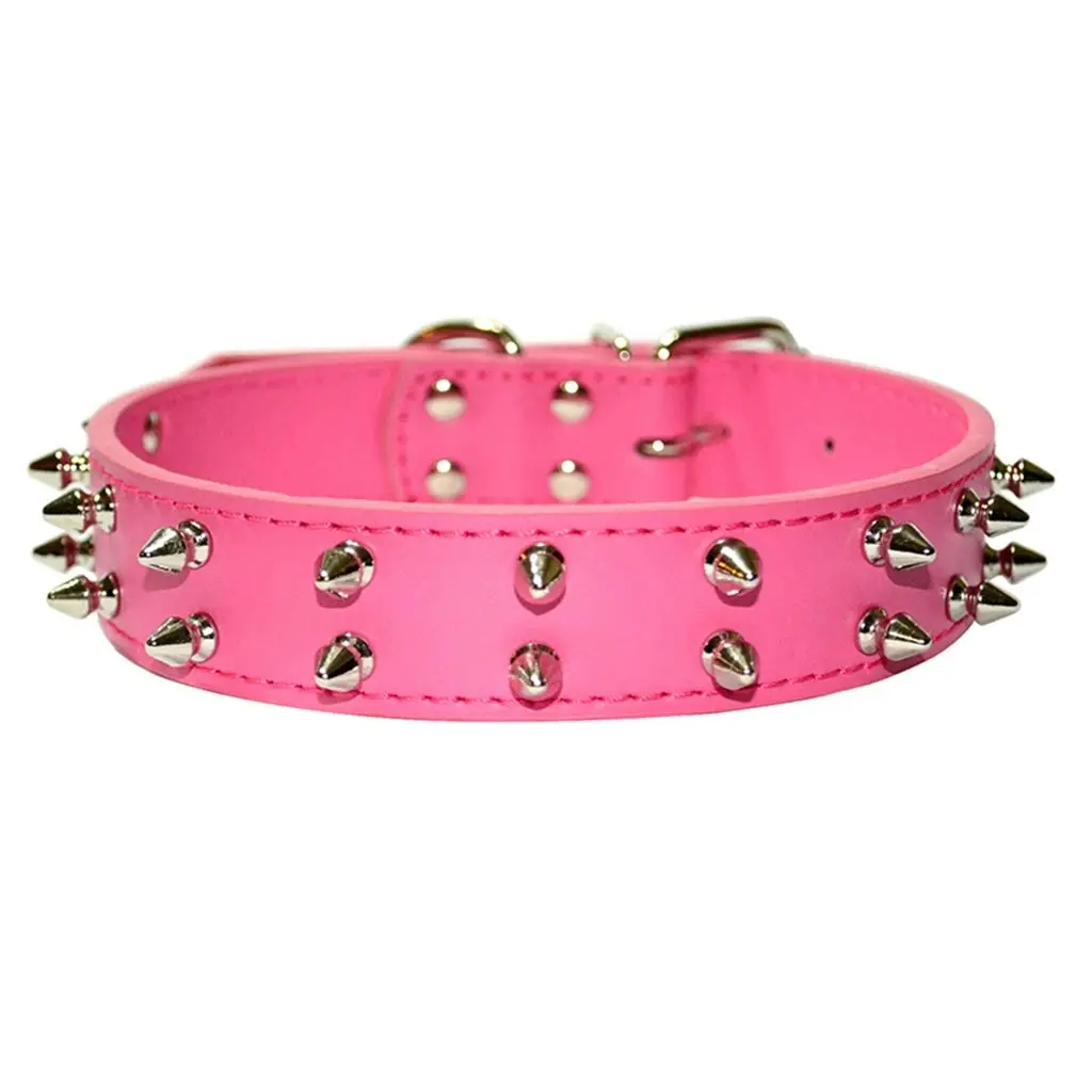 Pet Dog Leather Collar TwoRow Non-sharp Spikes Adjustable Dog Collar Hotpink