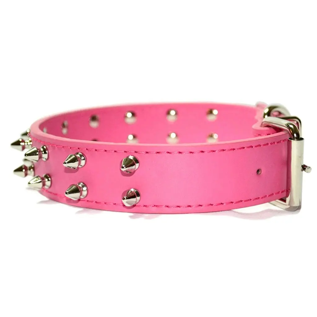 Pet Dog Leather Collar TwoRow Non-sharp Spikes Adjustable Dog Collar Hotpink