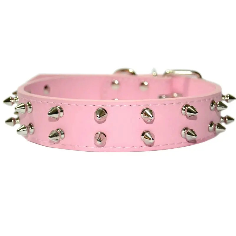 Pet Dog Leather Collar Two Row Non-sharp Spikes Adjustable Dog Collar Pink