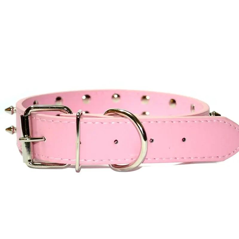 Pet Dog Leather Collar Two Row Non-sharp Spikes Adjustable Dog Collar Pink