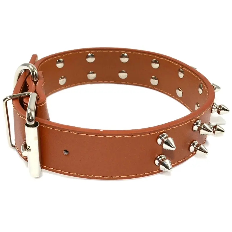 Pet Dog Leather Collar Nickel Plated Non-sharp Spikes Adjustable Dog Collar Brown