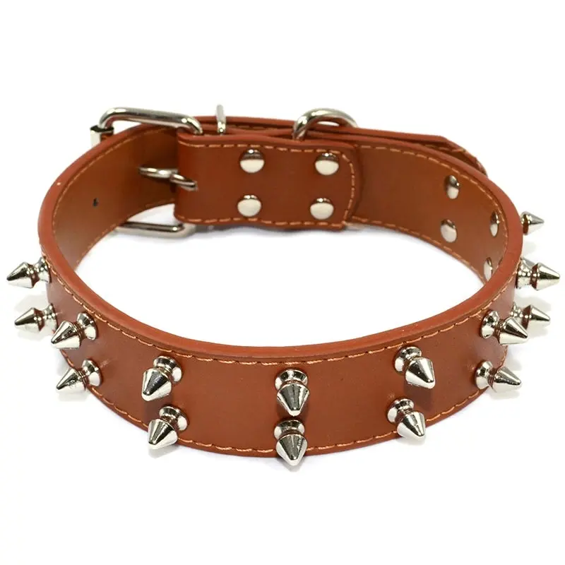 Pet Dog Leather Collar Nickel Plated Non-sharp Spikes Adjustable Dog Collar Brown