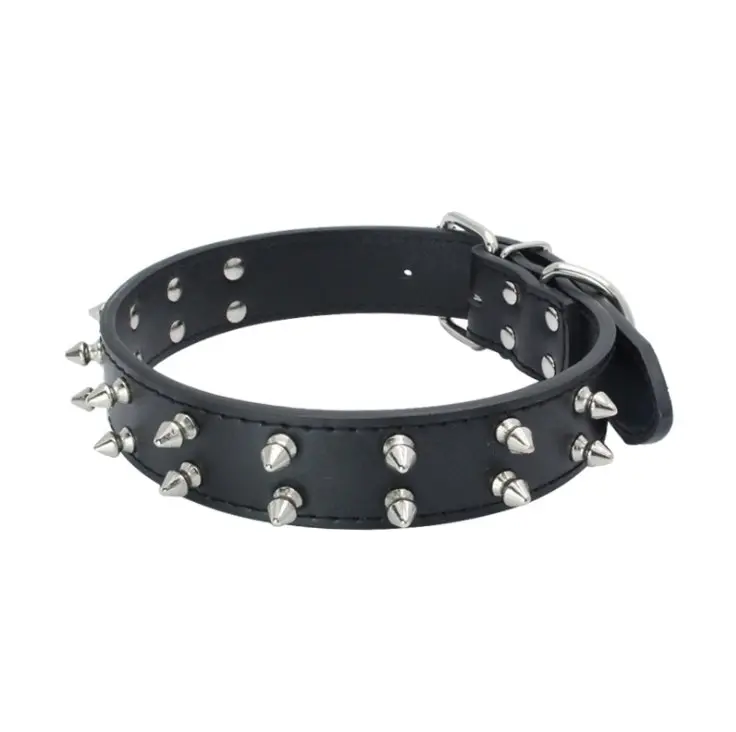 Pet Dog Leather Collar Nickel Plated Non-sharp Spikes Adjustable Dog Collar Black