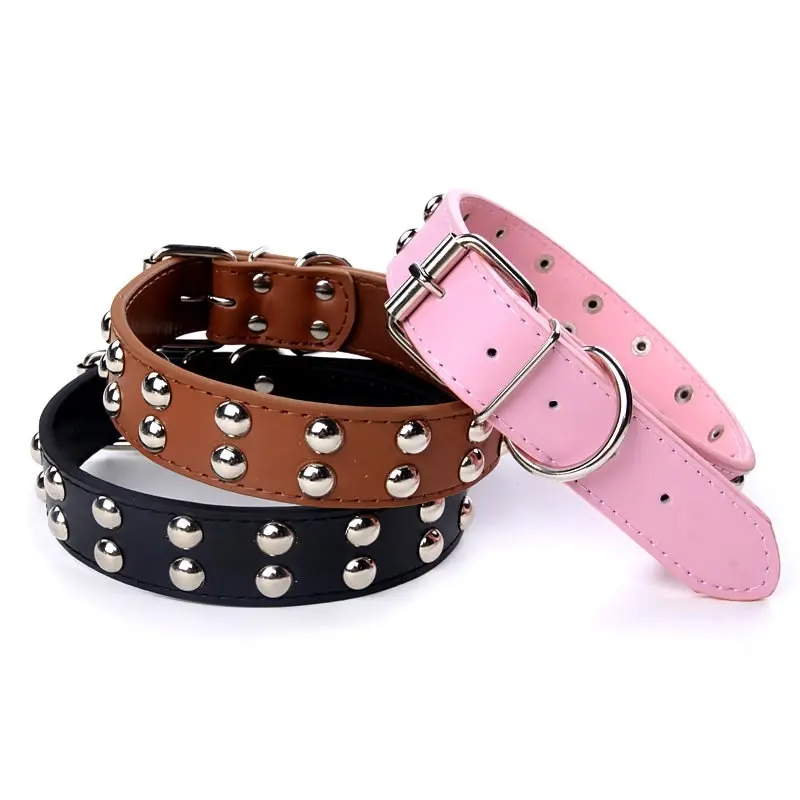 Pet Dog Leather Collar Two Row Mushroom Studs Collar Brown