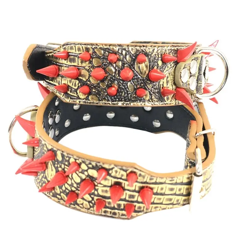 Pet Dog Leather Collar Red Spikes Studded Adjustable Dog Collar Gold M L