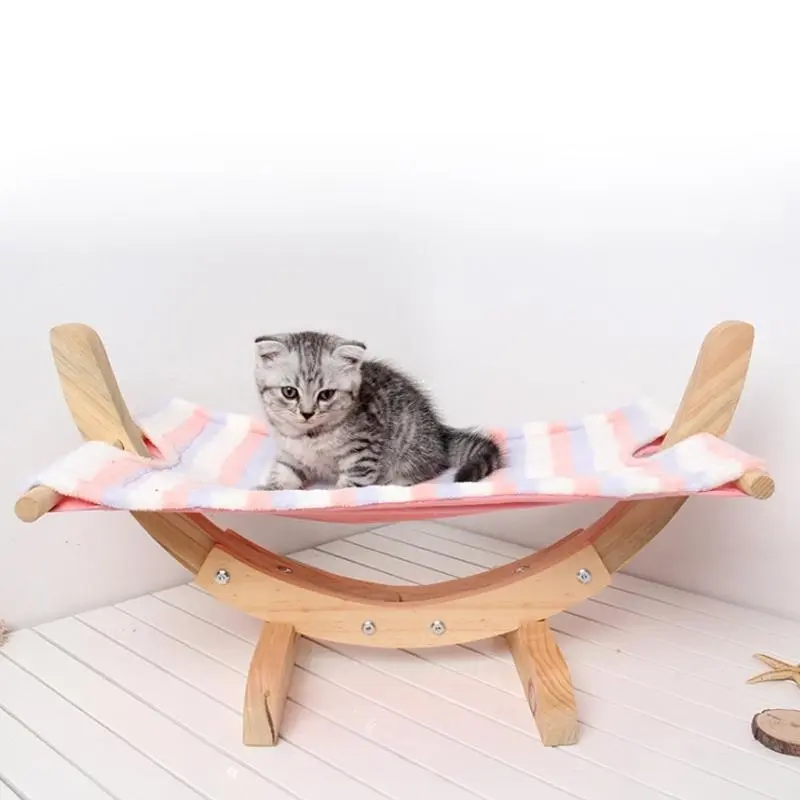 Pet Cat Hammock Solid Wood Soft Coral Fleece Bed Pink