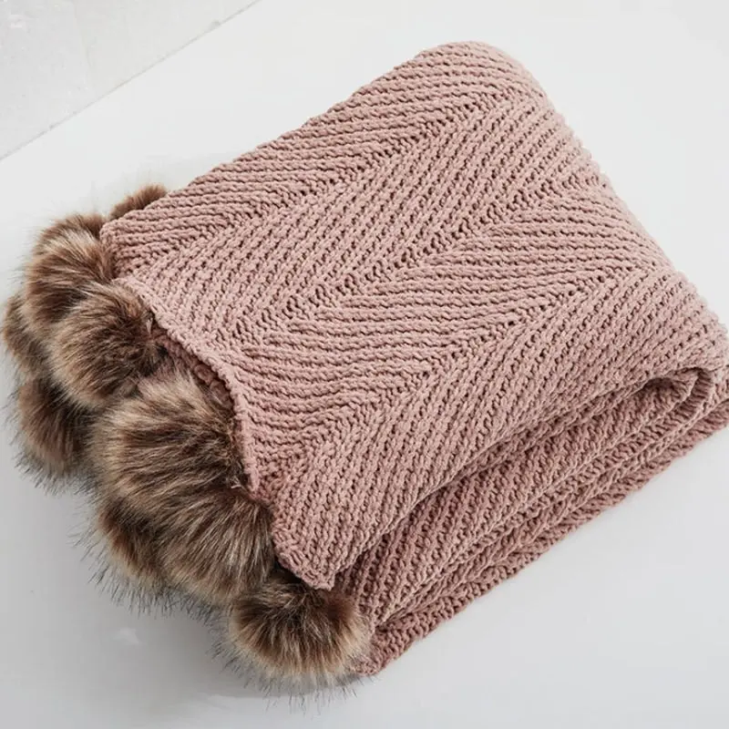 Soft Acrylic Knitted Blanket Feather PomPom Throw Rug 130x160cm