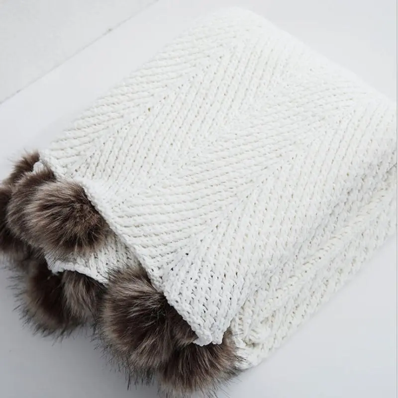 Soft Acrylic Knitted Blanket Feather PomPom Throw Rug 130x160cm