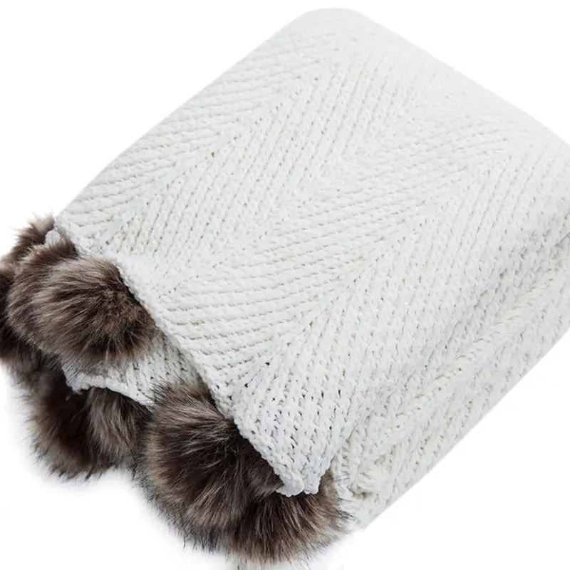 Soft Acrylic Knitted Blanket Feather PomPom Throw Rug 130x160cm