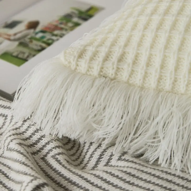 Soft Acrylic Knitted Waffle Cushion Pillow Cover Loose Tassel Edges 45x45cm