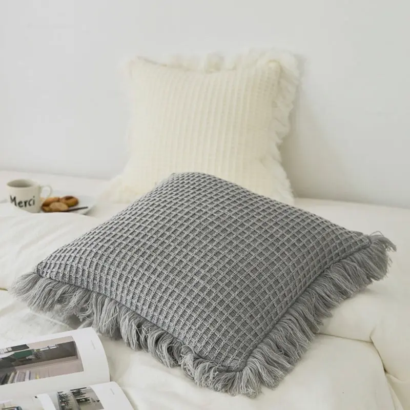 Soft Acrylic Knitted Waffle Cushion Pillow Cover Loose Tassel Edges 45x45cm