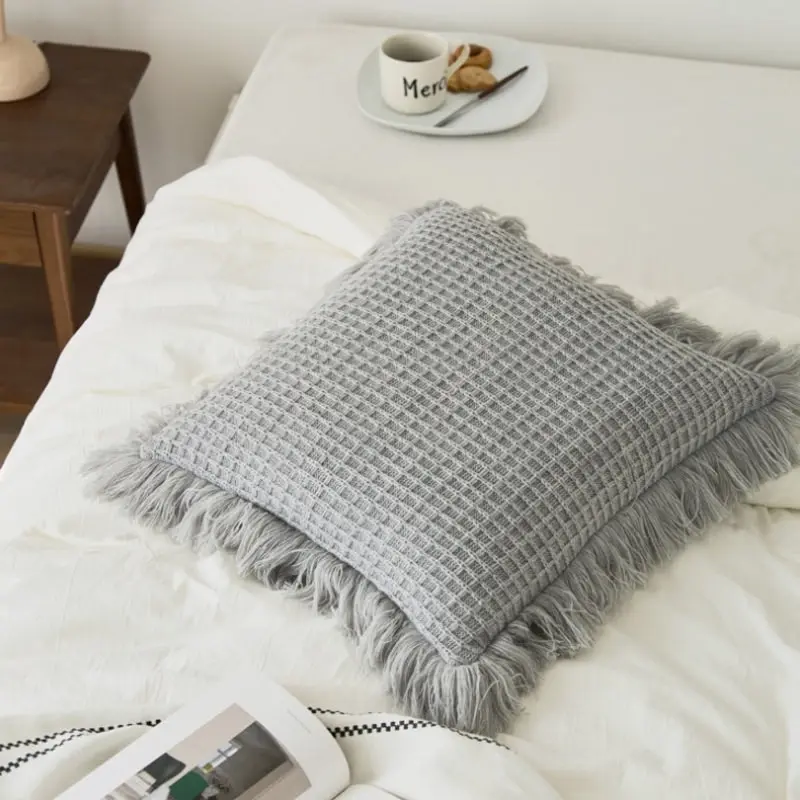 Soft Acrylic Knitted Waffle Cushion Pillow Cover Loose Tassel Edges 45x45cm