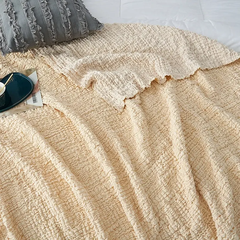 Soft Corrugated Seersucker Pattern Blanket Throw Rug Beige